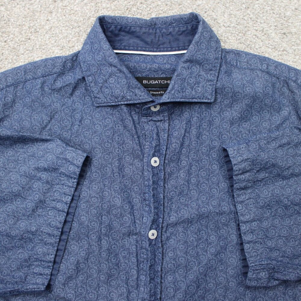 Bugatchi‎ Shirt Mens Large Blue Shaped Fit Short Sleeve Cotton Button Up